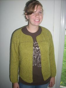 Tara wearing Eyelet Cardi from ChicKnits made with Kauni